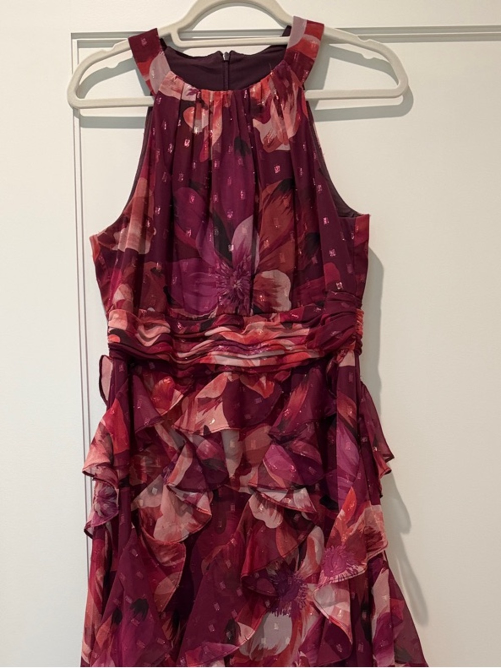 Eliza J Plum and Pink Floral Halter Tiered Maxi Dress